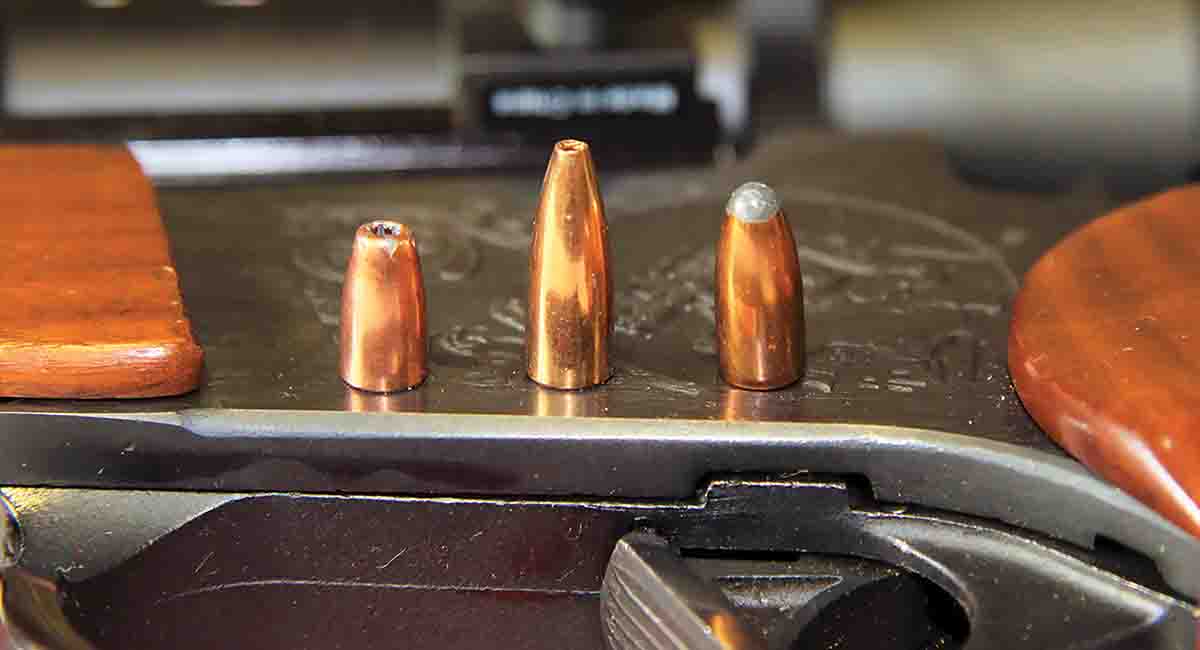 The .22 K-Hornet pistol was tested at 75 yards using Speer’s 33-grain JHP (left), Berger’s 40-grain Flat Base Varmint (center) and Sierra’s 45-grain Varminter Hornet (right).